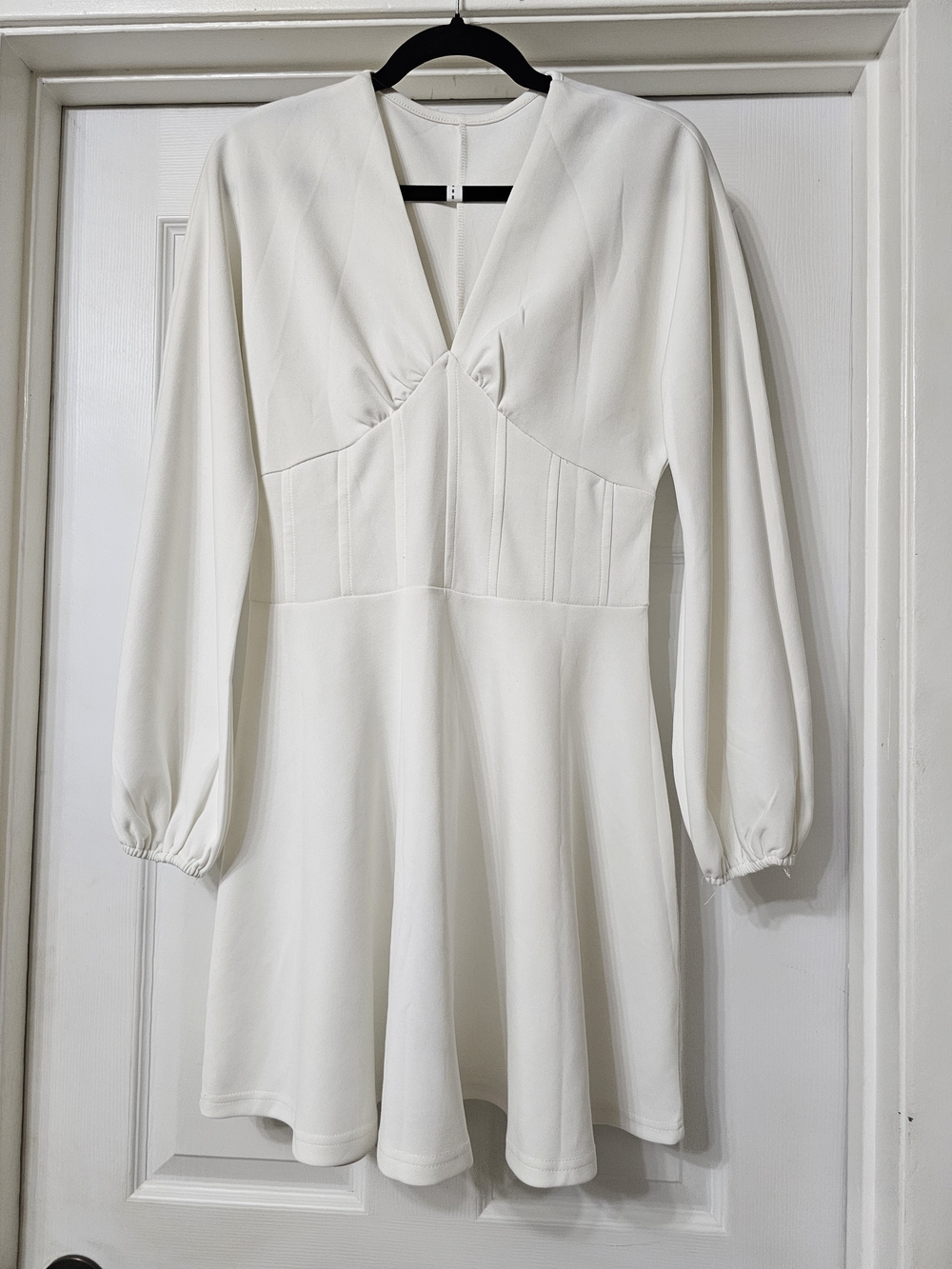 White Long-Sleeve V-Neck Fit-and-Flare Dress